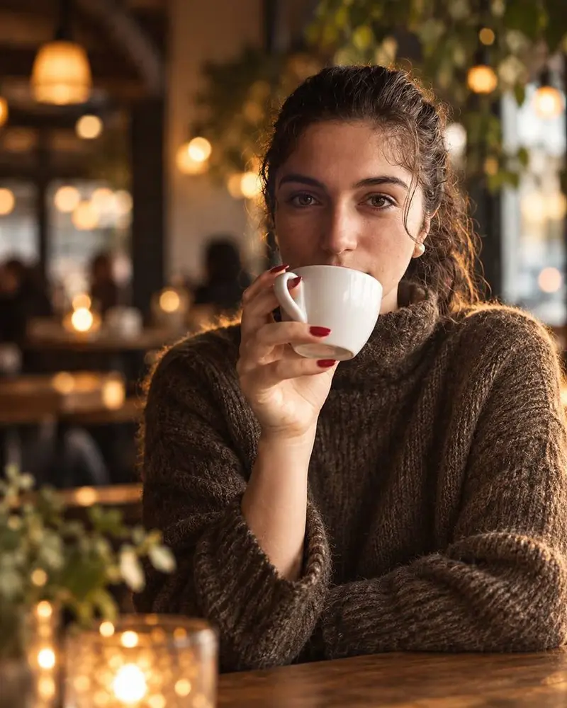 Loukia Mei with a cup of coffee in a café