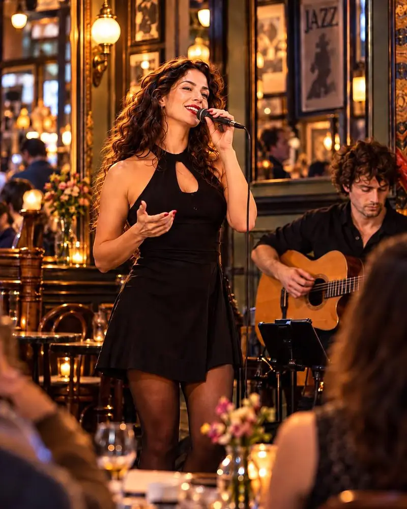 Loukia Mei singing live in a café, accompanied by a guitarist