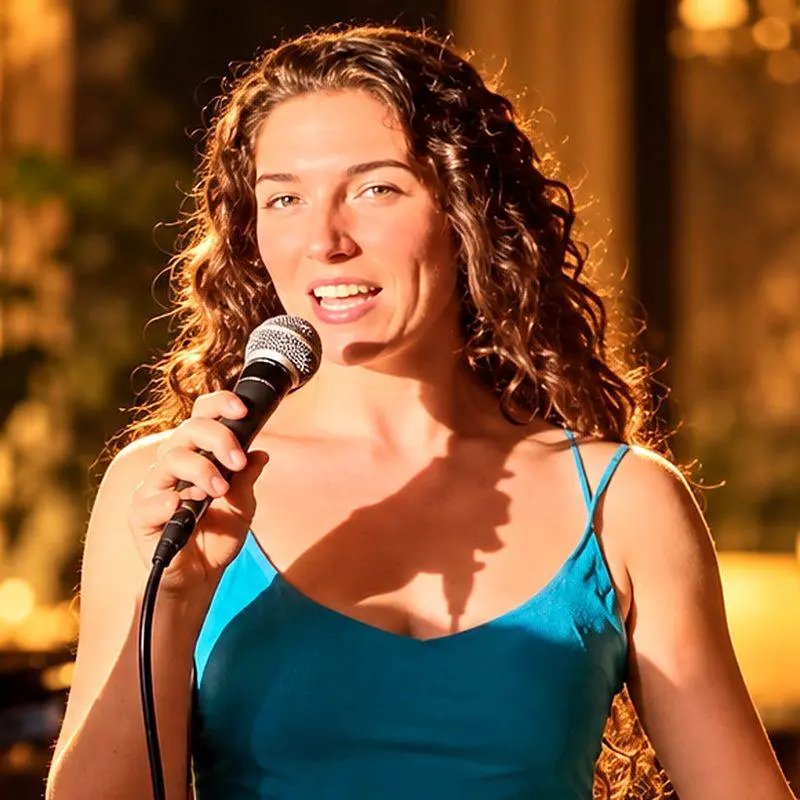 Singer and vocal coach Loukia Mei singing with a microphone